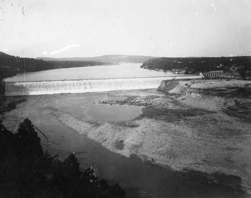 Black and white image of the completed Austin dam from the 1890s