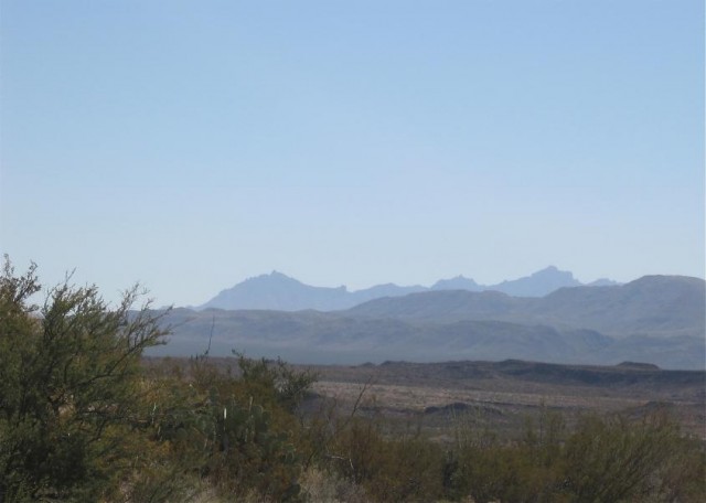 Image of a desert and shrub landscape with mountain range in the background