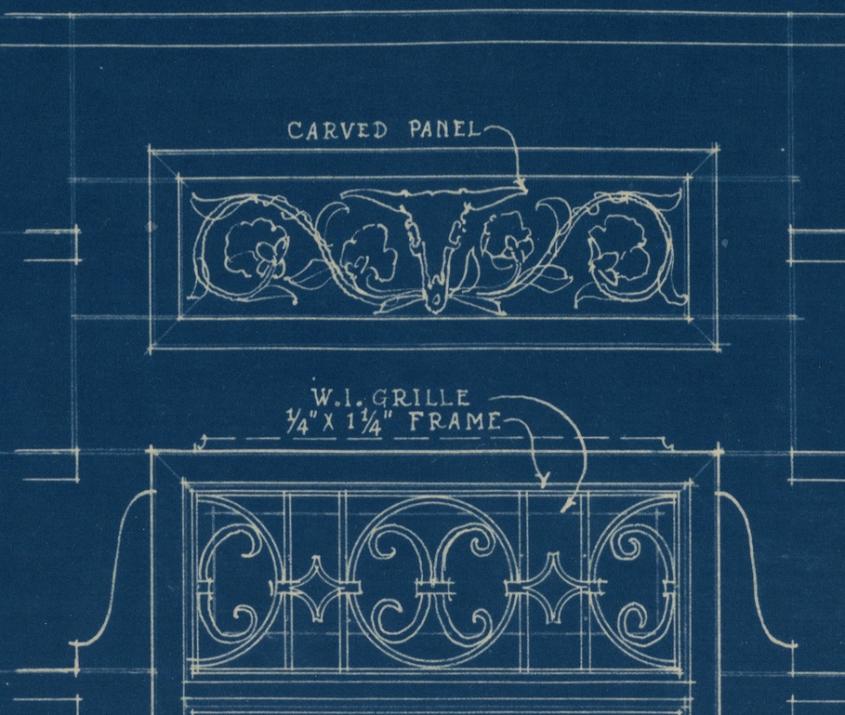 Details of the Skull Freize on the blueprints of the architectural drawings of Garrison Hall at the University of Texas at Austin