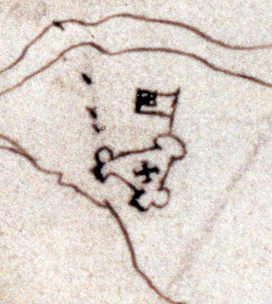 Sketch of the Jamestown fort sent to King Philip III of Spain by his ambassador Zuniga. The sketch was found on the back of a map made by John Smith in 1608. The cross is thought to represent the church and the flag like drawing may be a garden. It may also be a representation of the early 17th century English blue ensign. (via Wikimedia Commons)