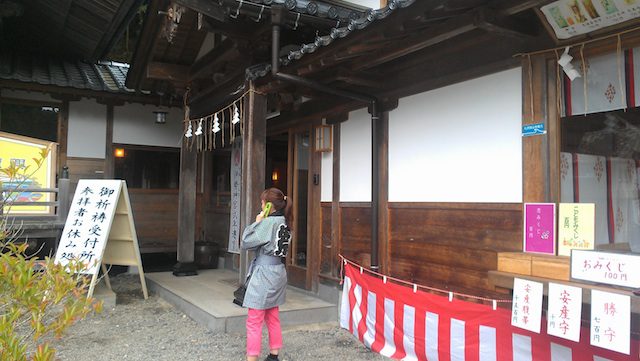 The blue placard near the window of a Karakuwa shrine shop marks the tsunami's water line. Many businesses in the area feature similar placards.