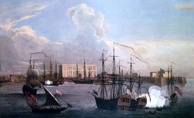 Painting of the East India Company's settlement in Bombay and ships in Bombay Harbour 1732-33. Via Wikimedia Commons.