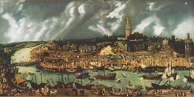 Boats in the Puerto de Indias on the river Guadalquivir in the 16th century. Via Wikipedia.