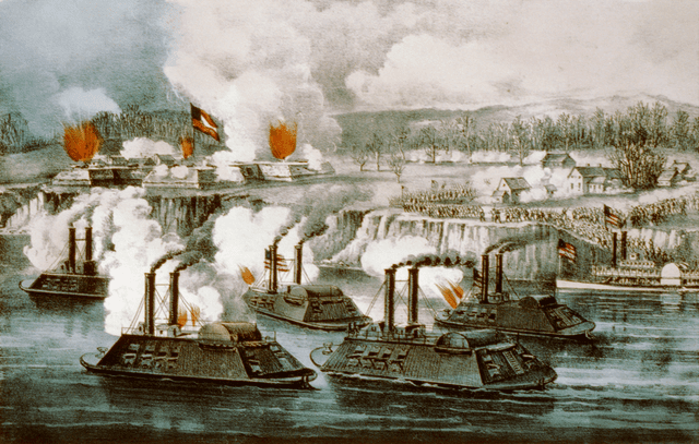 Print of the bombardment and capture of Fort Hindman, Arkansas Post, January 11th 1863. Via Wikipedia.