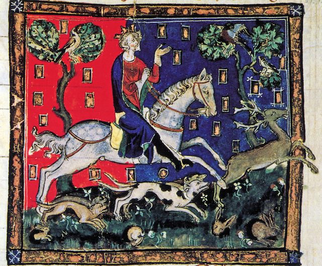 King John on a stag hunt. King John of England, 1167-1216. Illuminated manuscript, De Rege Johanne, 1300-1400