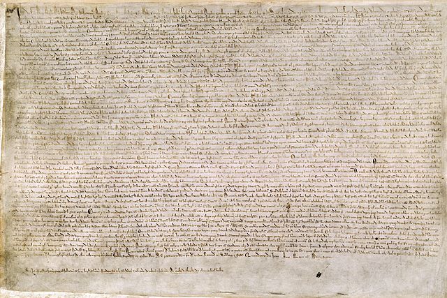 One of four known surviving 1215 exemplars of Magna Carta. This document is held at the British Library and is identified as British Library Cotton MS Augustus II.106.