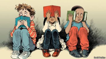 A cartoon depicting three young school children one covering his mouth with a book, a girl covering her eyes with a book, and another boy covering his ears with two books