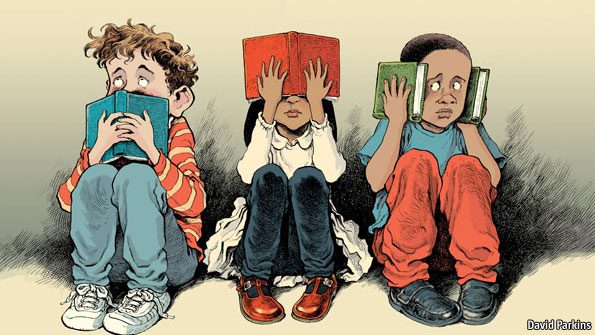 A cartoon depicting three young school children one covering his mouth with a book, a girl covering her eyes with a book, and another boy covering his ears with two books