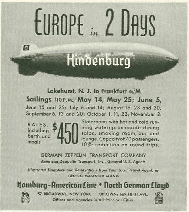 Foresight and hindsight: A reader of this ad in the May 8, 1937 issue of The New Yorker would be well advised not to book passage on the Hindenburg, because it will not be making the return trip to Germany. (The New Yorker Digital Archive; Wikipedia)