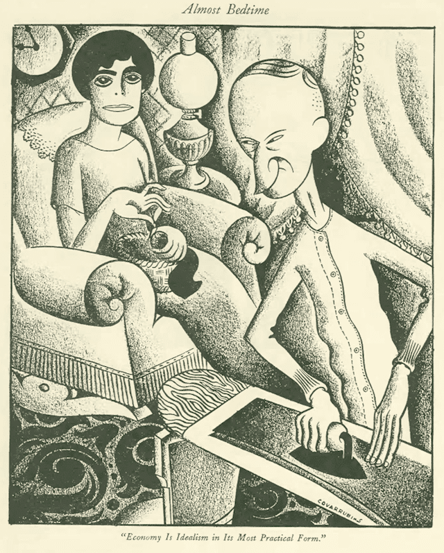 Famously droll cartoons were a New Yorker staple from the very beginning, including this illustration of President and Mrs. Coolidge by Miguel Covarrubias. The president was a frequent target of the magazine for his frugality and bland demeanor. March 14, 1925. (The New Yorker Digital Archive)