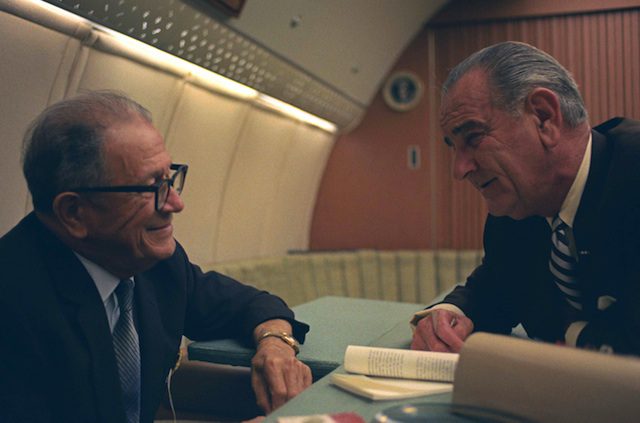 Sen. Allen Ellender (D-LA) meeting with President Lyndon Johnson. When Ellender offered to arrange for a private screening of the film documenting his 1963 African tour, the president politely declined