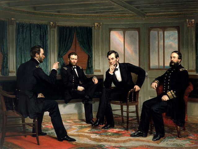The-Peacemakers-depicts-Sherman-Grant-Lincoln-and-Porter-aboard-the-River-Queen-on-March-27th-March-28th-1865.-White-House-copy-of-the-lost-1868-painting.-