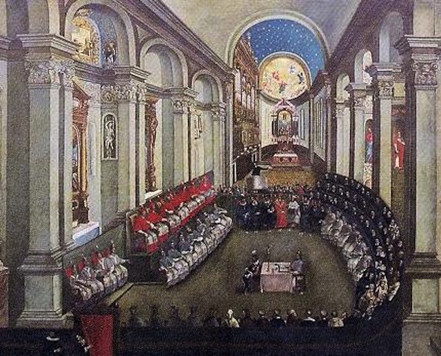 The Council of Trent meeting in Santa Maria Maggiore church, Trento (Trent). (Artist unknown; painted late 17th century). Via Wikipedia