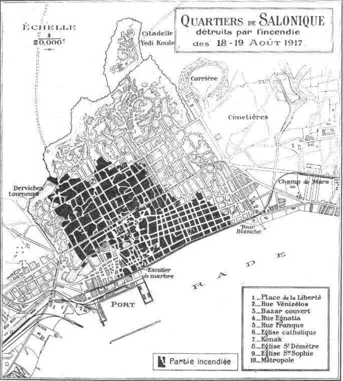 Low-lying districts, where a majority of Jews lived, were seriously affected by the Great Thessaloniki Fire of 1917. Via Wikipedia.