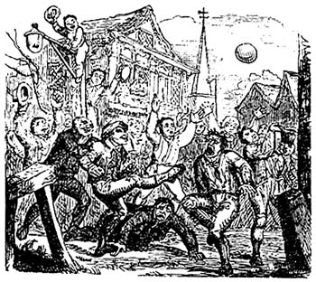 A mob football match played at London's Crowe Street in 1721. Via Wikipedia.