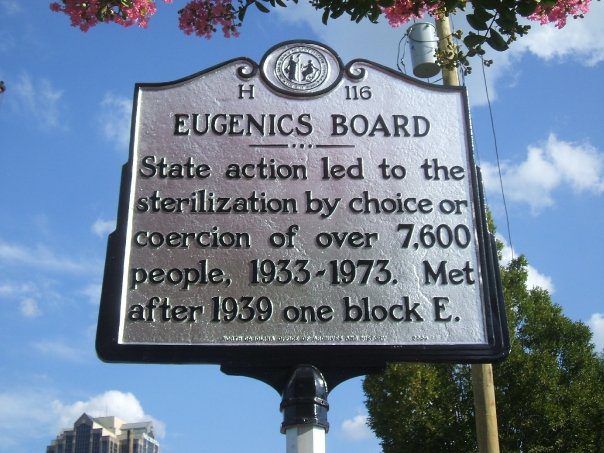 A photograph of a historical marker in North Carolina for the state's Eugenics Board
