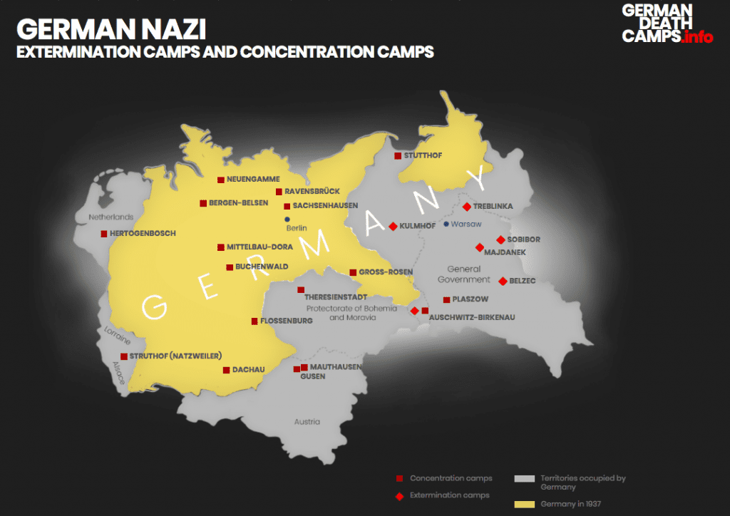 Map featured on germanydeathcamps.info showing Nazi concentration and extermination camps in Europe