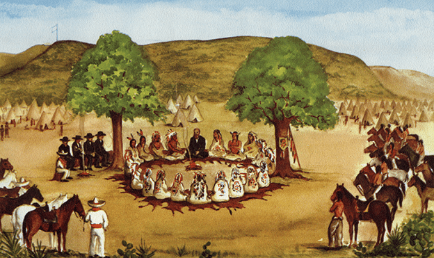 Treaty of Peace by John O. Meusebach and Colonist with the Comanche Indians, March 2, 1847. Copied from original painting by Mrs. Ernest Marschull, daughter of John O. Meusebach (via Texas State Library and Archive Commission)