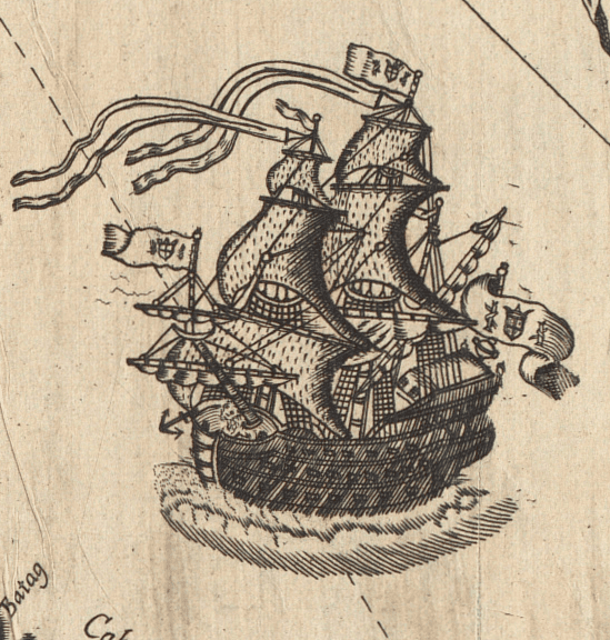detail of an 18c map depicting a pirate ship sailing near the Philippines.
