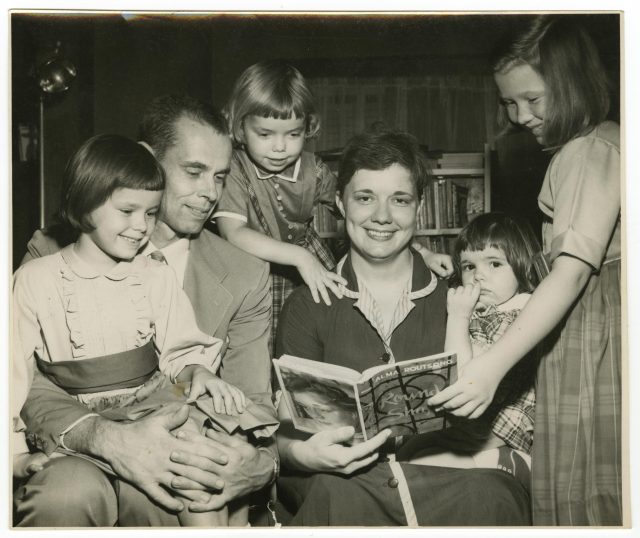 Alma Routsong and her family in a press photo for her novel Round Shape, 1959. Routsong carried on a relationship with another woman for a year in Champaign, Illinois, in the early 1960s before divorcing her husband. Curt Beamer for the News-Gazette. From the Isabel Miller Papers, Sophia Smith Collection, Smith College Libraries.