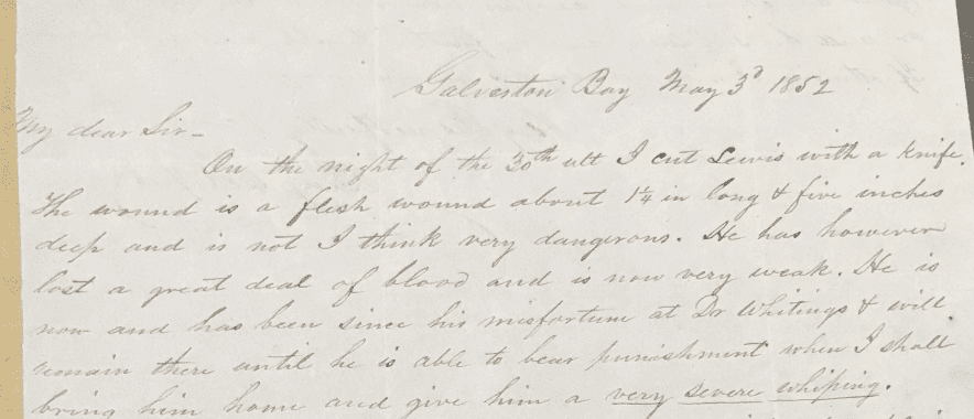 Photograph of part of a letter sent by Benjamin Roper, a plantation overseer, in 1852 to his employer