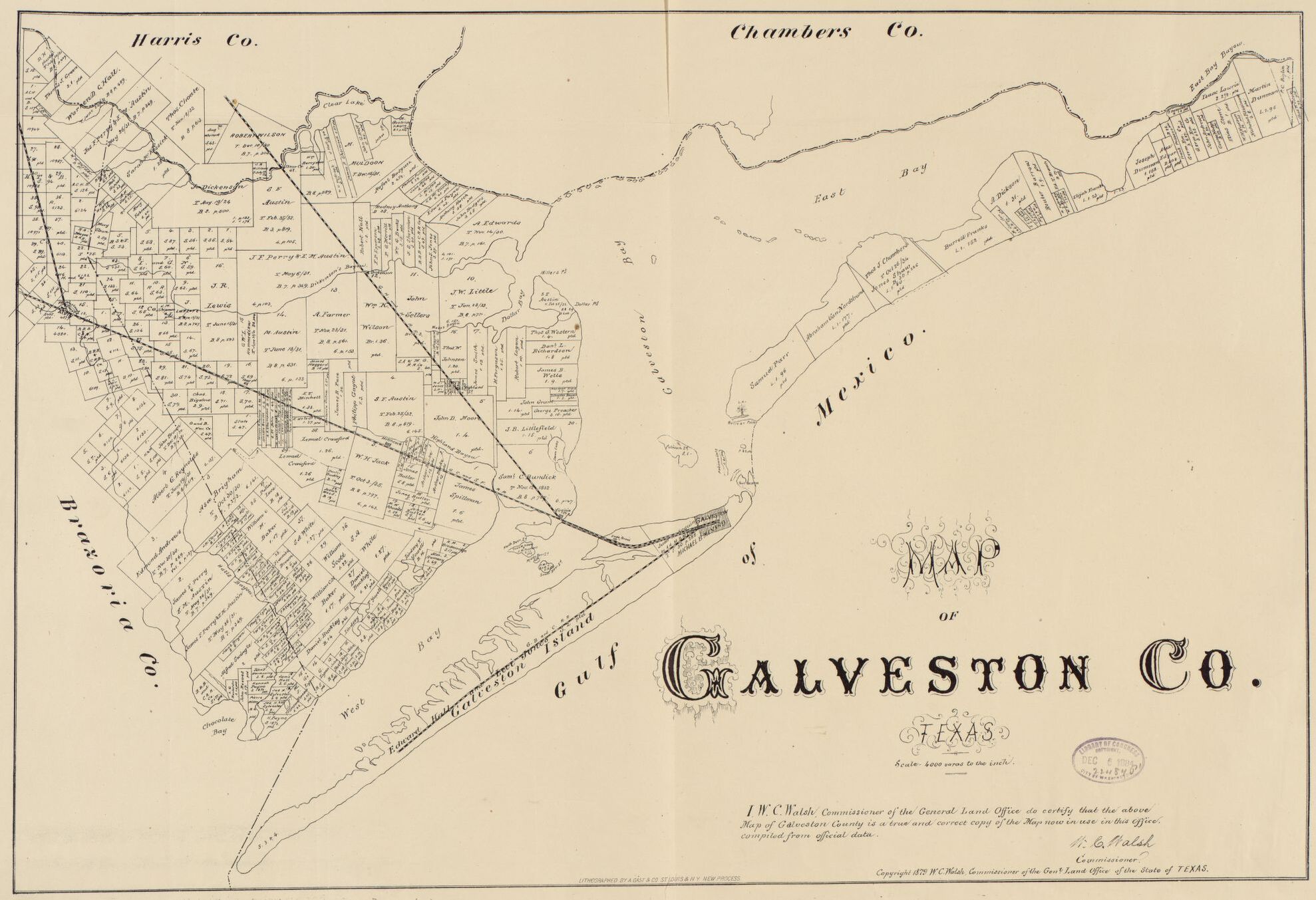 Printed map of Galveston County for 1879