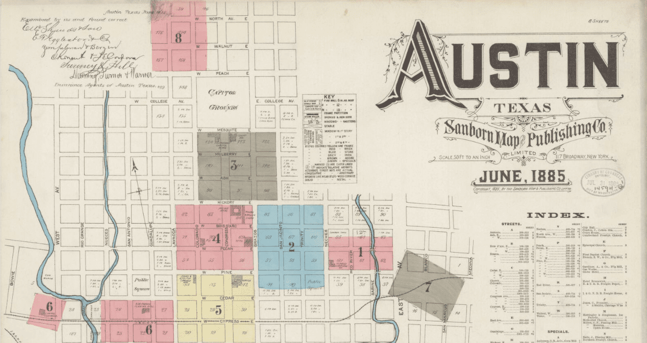 Close-up image of the 1885 Sanborn Maps of Austin showing the map's title and the eastern part of Austin