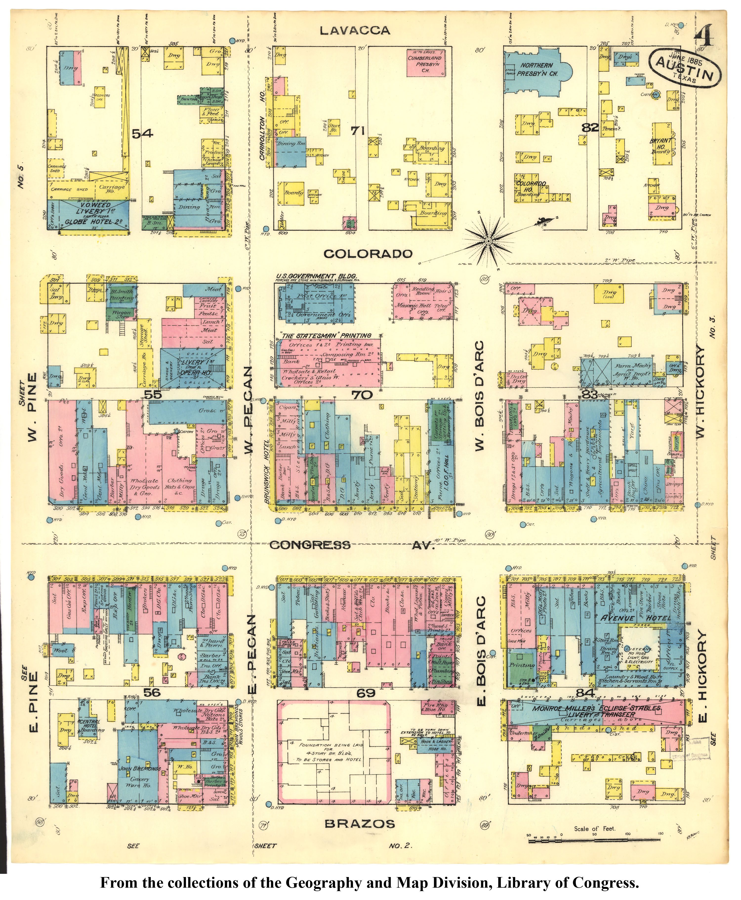 Close-up image of the 1885 Sanborn Maps of Austin showing the blocks around the Avenue Hotel