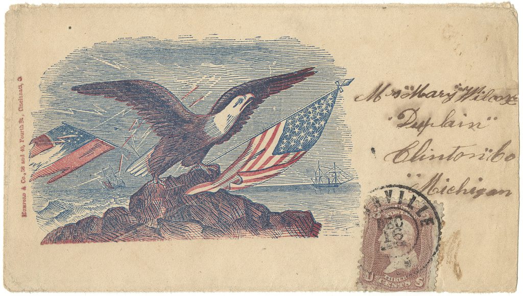 Civil War envelope showing bald eagle with American flag and Confederate stars and bars flag and sailing ships in the distance ca.1861-865 via Library of Congress