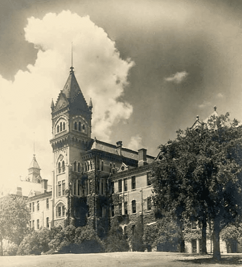 Black and white photograph of the Old Main Building at the University of Texas