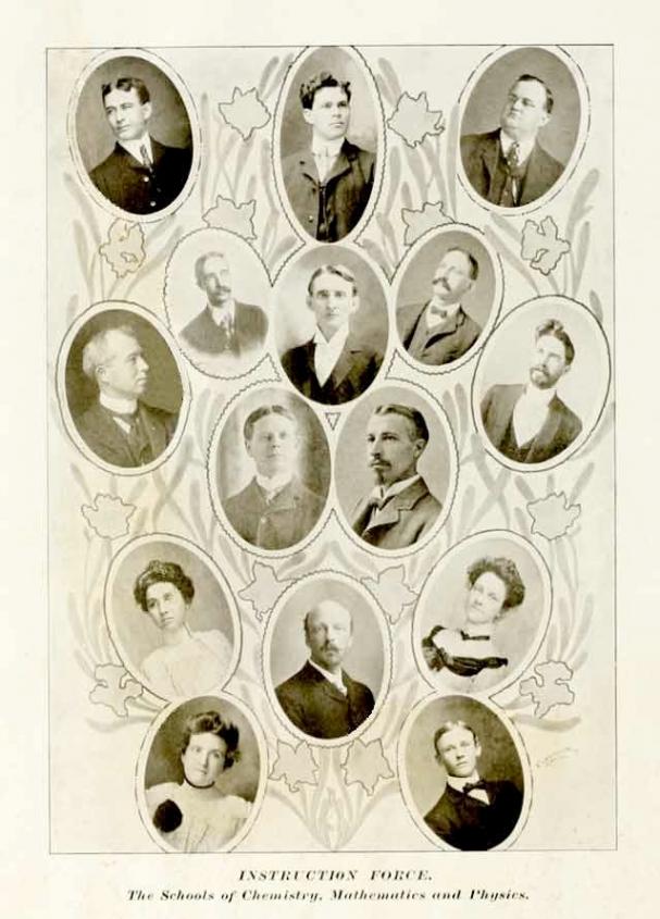 A black and white collage of faculty portraits from 1904 from the University of Texas schools of chemistry, mathematics and physics.