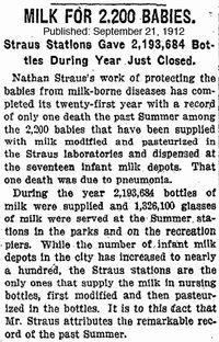 1912 Newspaper. Headline reads: "Milk for 2,200 babies: Straus stations gave 2,193,684 bottles during year just closed."