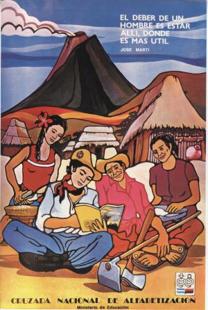 Poster showing a young man reading to an older man while a young woman and older woman look on. Poster reads "el deber de un hombre es estar alli, donde es mas util."
