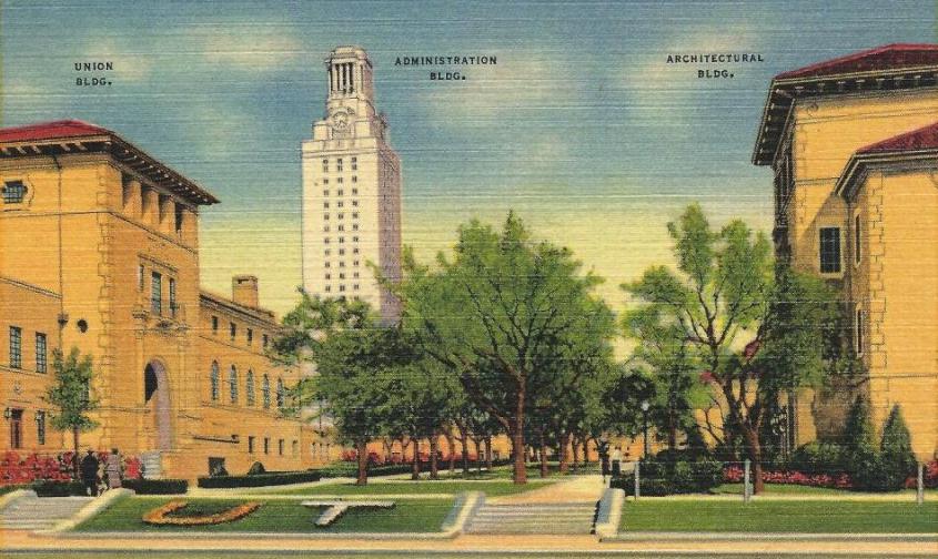 A postcard view of UT's West Mall, ca. 1940
