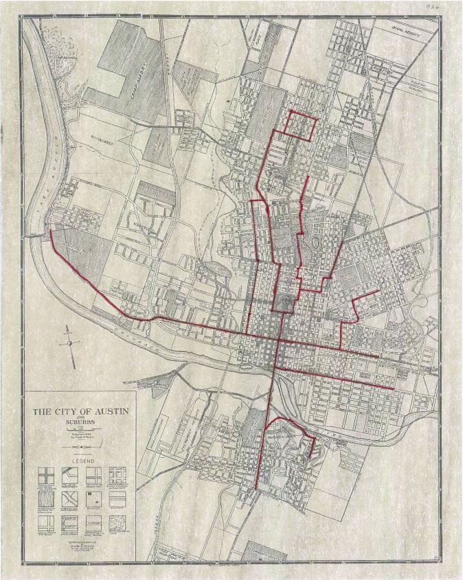 A map of Austin, Texas and its suburbs detailing the streetcar system of the city