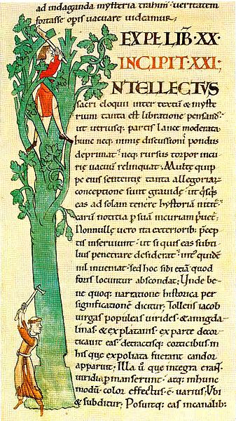 A Cistercian manuscript of Gregory the Great's Moral Commentary on Job, created around 1111. A monk is seen wielding an ax, and the tree has some marks near the base. The monks and the tree form the letter "I."