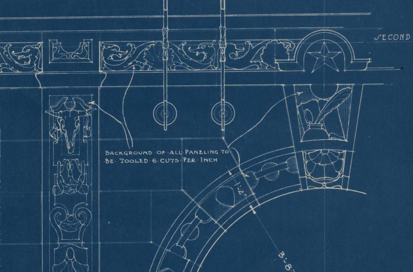 Detail on the blueprints of the architectural drawings of Garrison Hall at the University of Texas at Austin