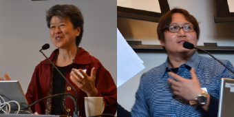 Side-by-side image of Professor Hon Ming Yip and Professor Poshek Fu talking into microphones during a conference