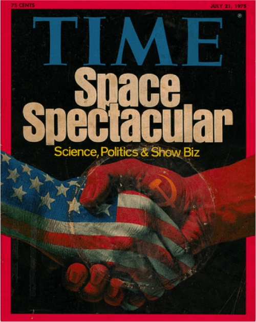 Time Magazine Cover "Space Spectacular: Science, Politics, & Show Biz" over two hands shaking, each is painted to represent a different flag (the U.S. and U.S.S.R)
