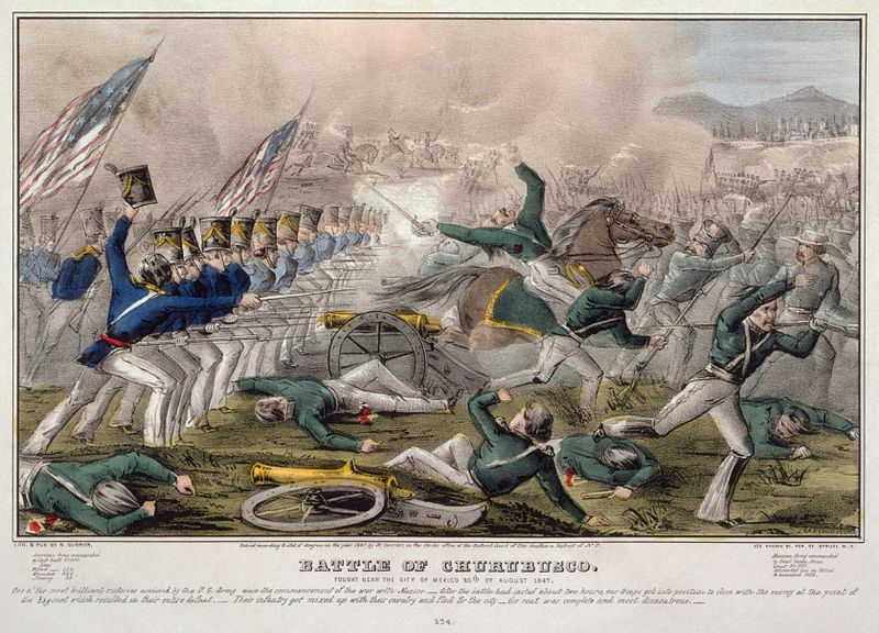 Colored print of the Battle of Churubusco from the Mexican-American War