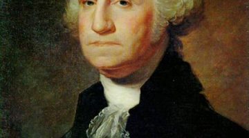 Portrait painting of George Washington against a dark background