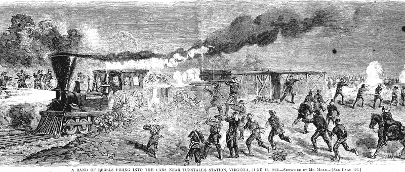  A Band of Rebels Firing Into the Cars Near Tunstall's Station, Virginia, June 13, 1862 (George Mason University Libraries)