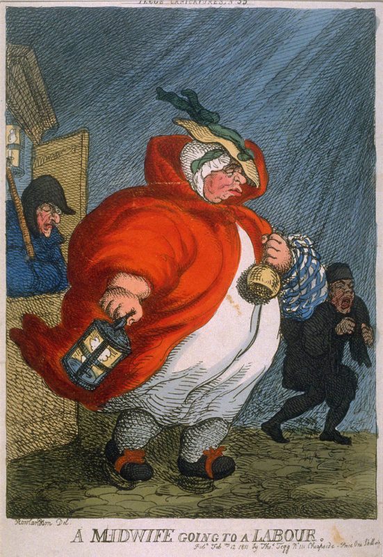 1811 Thomas Rowlandson cartoon lampooning England's male midwives (Bibliothèque Nationale, Paris, France)