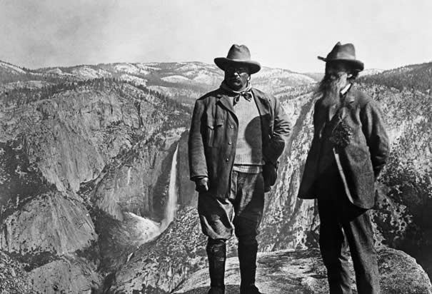 Teddy Roosevelt and naturalist John Muir pose at Yosemite National Park, 1906 (Library of Congress)