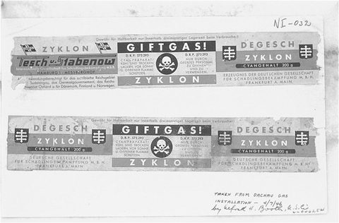 Labels taken from canisters of Zyklon B from the Dachau gas chambers (USHMM, courtesy of National Archives)