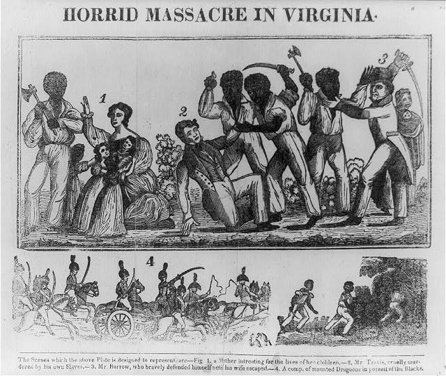 A woodcut illustrating the various stages of Nat Turner's 1831 slave rebellion, which was directly influenced by the actions of Gabriel Prosser (Wikipedia)