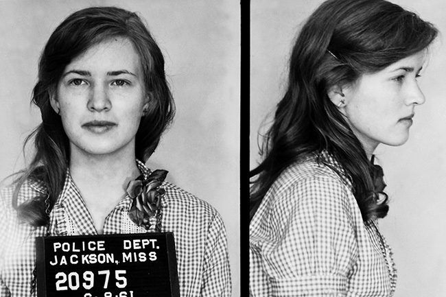 Mulholland's mugshot after her arrest. (Etheridge, Eric. Breach of Peace: Portraits of the 1961 Mississippi Freedom Riders. Atlas & Co., 2008)
