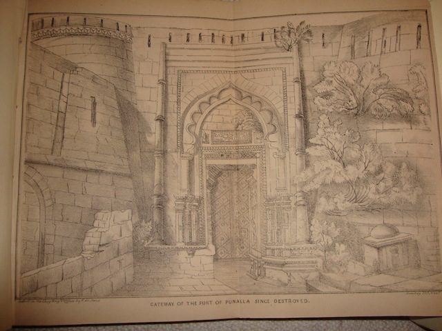 "The fort gateway was probably elaborately ornamented, a contrast to the simple huts of the villagers who toiled up the hill to it. We may conceive its appearance from the sketch made about 1850 of the gateway to the fort of Panhala - not far from Rohida." 