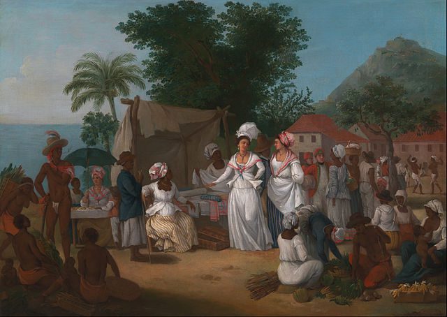 A Linen Market with a Linen-stall and Vegetable Seller in the West Indies by Agostino Brunias, circa 1780. Via Wikimedia Commons.