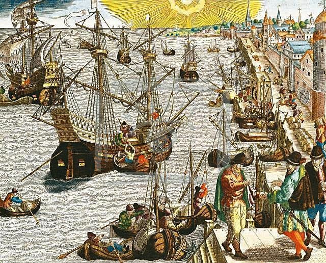 Departure from Lisbon for Brazil, the East Indies and America, engraving from c.1592 by Theodor de Bry (Flemish, 1528-1598), illustration in America Tertia Pars. Location- Service Historique de la Marine, Vincennes. (Via Wikimedia Commons)